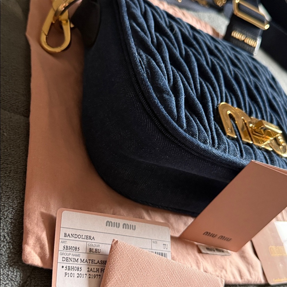 Miu Miu logo Maltalese Denim Blue Quilted Crossbody Bag gold hardware dust bag - Picture 5 of 15